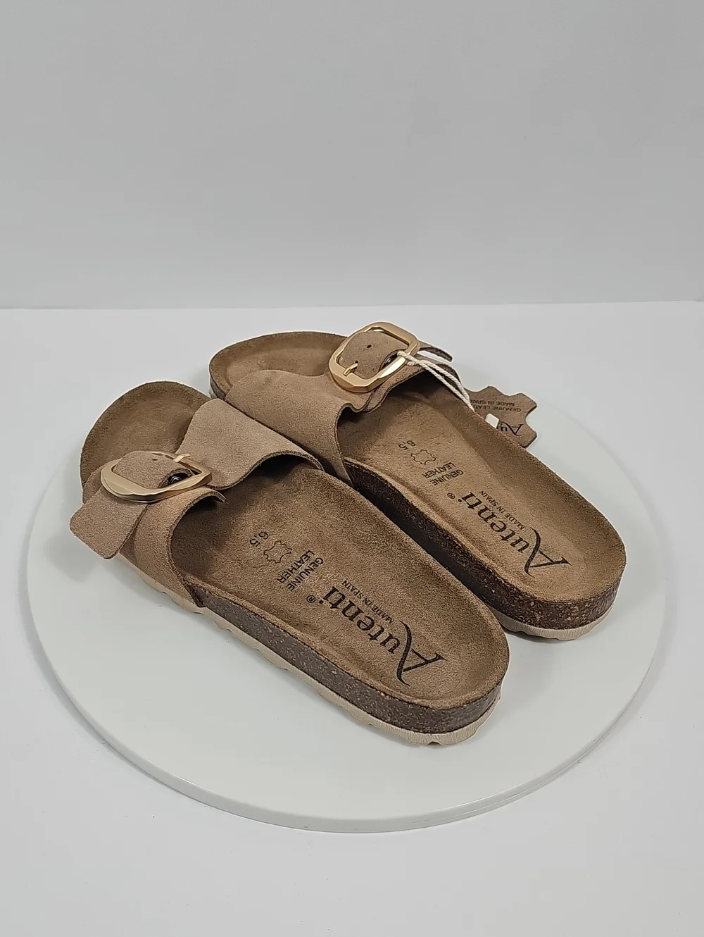 NWT Autenti Spain Leather Cork Footbed Buckle Slide Sandals Taupe 6.5 Vacation